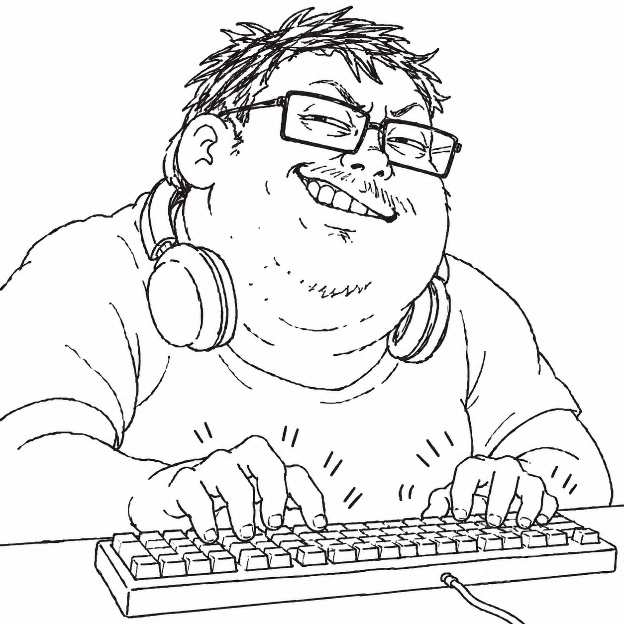 변환 전: 안경과 헤드폰을 쓴 성인 덕후가 히죽 웃으며 키보드를 두드리는 흑백 선화