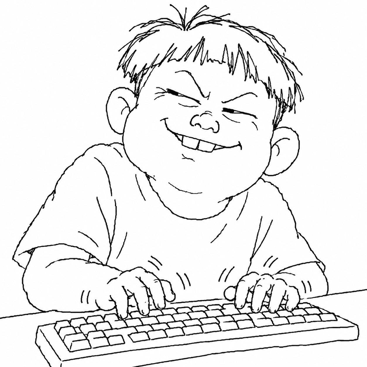변환 전: 이를 드러내고 웃으며 키보드를 두드리는 초등학생 캐릭터의 흑백 선화